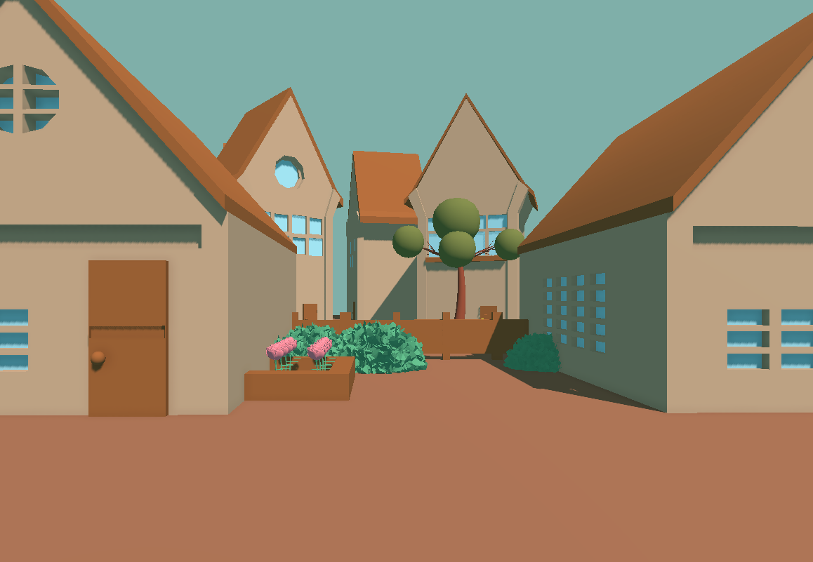 Screenshot of a game scene. A small collection of houses is clustered in the background, with some bushes and flowers in a garden. The game is rendered with flat colours and simple models and no shader effects.